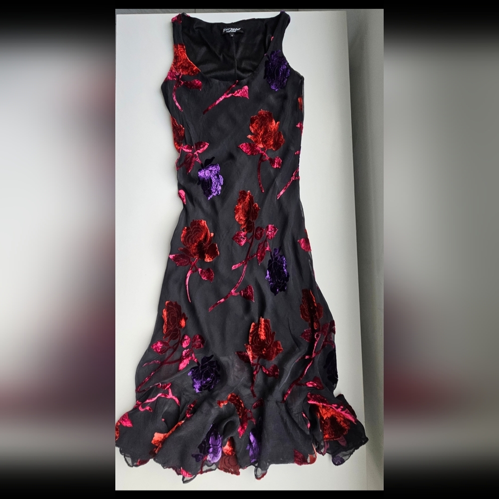 Betsey Johnson Vintage  Black Purple Red Orange Velvet Applique Ruffled Dress - Picture 11 of 16